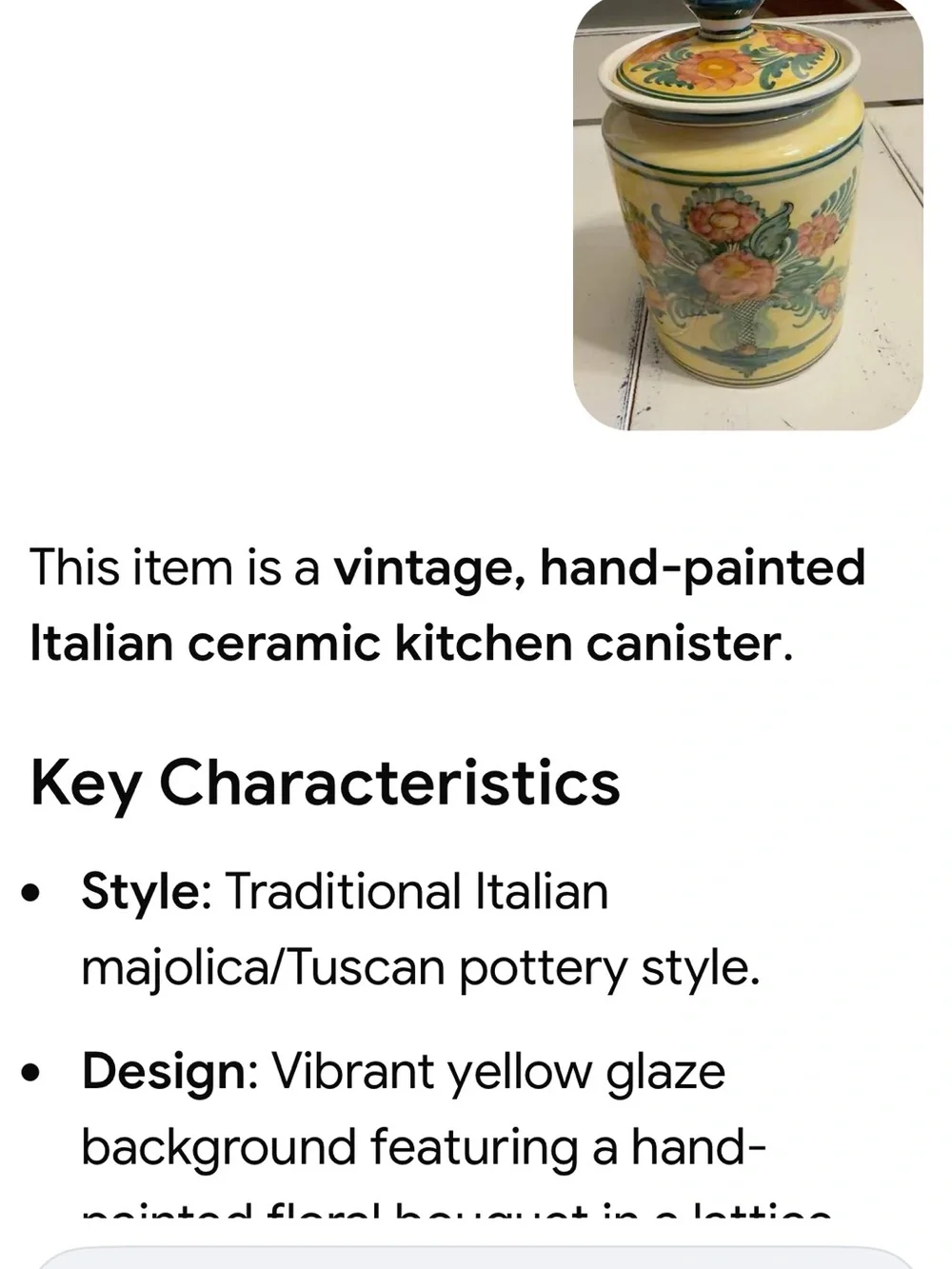 Pretty yellow and green cannister with lid.  Pottery from Greece.   AS IS!